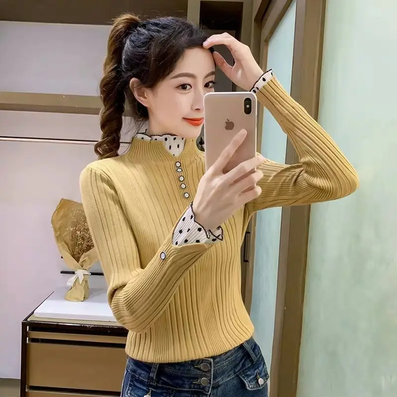 Elegant Stand Collar Knitted Spliced Button Lace Blouses Women's Clothing 2023 Autumn Winter Casual Tops Princess Sleeve Shirts
Elegant Stand Collar Knitted Spliced Button Lace Blouses Women's Clothing 2023 Autumn Winter Casual Tops Princess Sleeve Shirts