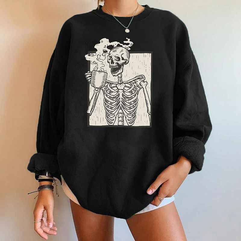 

Skull Skeleton Funny Women Sweatshirts Drinking Tea Pullovers Long Sleeve Y2K Sweatshirts Tops Clothes Winter Moletom Feminino
