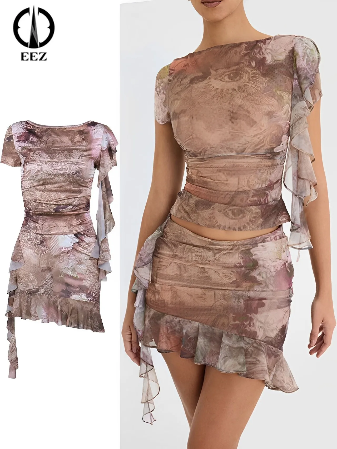 Sexy Ruffle Print Two Piece Set for Women Vintage Short Sleeve Crop Top and Mini Skirt Matching Sets Ladies Club Streetwear Y2k
Sexy Ruffle Print Two Piece Set for Women Vintage Short Sleeve Crop Top and Mini Skirt Matching Sets Ladies Club Streetwear Y2k