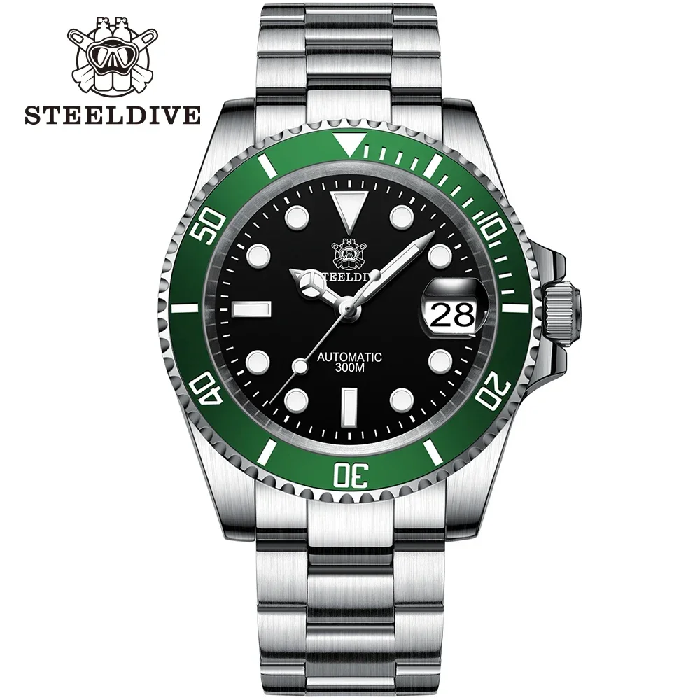 STEELDIVE SD1953 Черный циферблат Зеленый керамический безель 300 м Водонепроницаемые
