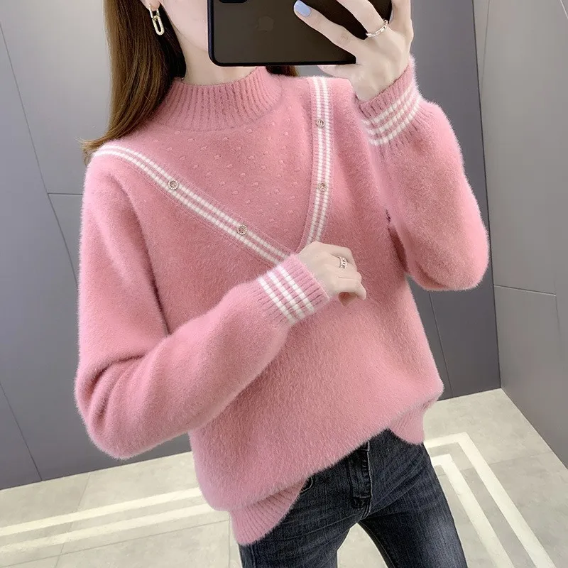 Autumn Winter 4 Color Mink Cashmere Patchwork Half High Collar Sweater Women Short Pullover Korean Long Sleeve Knit Tops Female
Autumn Winter 4 Color Mink Cashmere Patchwork Half High Collar Sweater Women Short Pullover Korean Long Sleeve Knit Tops Female