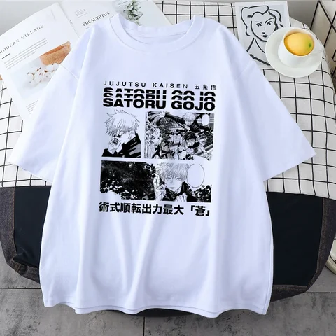 Футболка Мужская/Женская хлопковая оверсайз, популярная Повседневная рубашка с принтом аниме джуютсу, Харадзюку, Сатору, годжо, на все сезоны