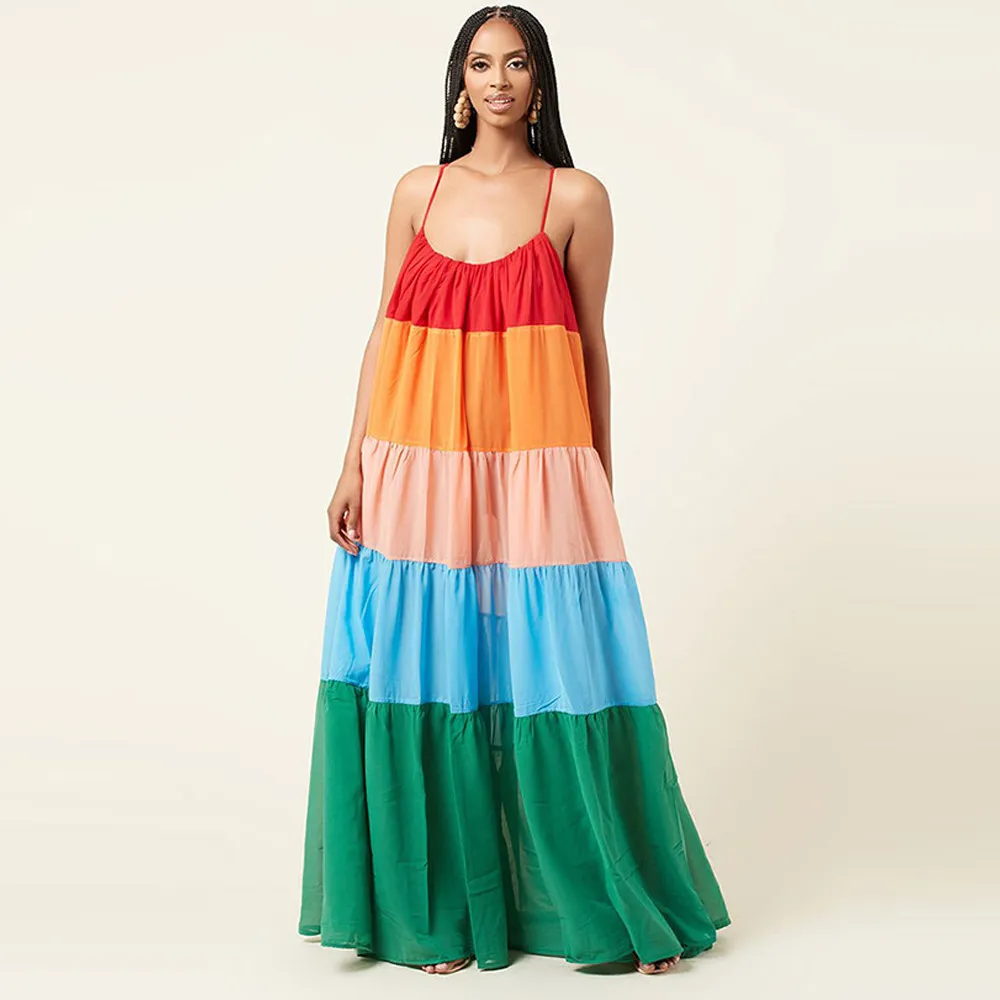 Women Dress Rainbow Striped Color Block Stitching Spaghetti Strap Low Neck Draped Backless Beach Holiday Dress
Women Dress Rainbow Striped Color Block Stitching Spaghetti Strap Low Neck Draped Backless Beach Holiday Dress