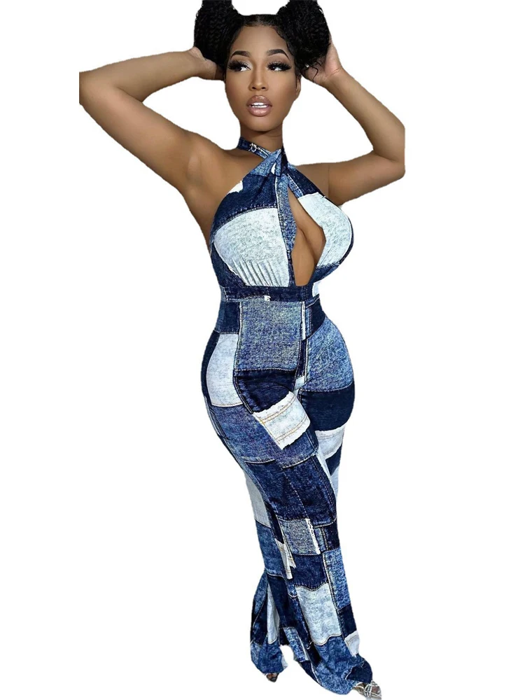 Комбинезон женский с открытой спиной, винтажный пикантный ромпер с контрастной отделкой, с лямкой на шее, облегающий длинный наряд с расклешенным низом и вырезом на груди 
Комбинезон женский с открытой спиной, винтажный пикантный ромпер с контрастной отделкой, с лямкой на шее, облегающий длинный наряд с расклешенным низом и вырезом на груди