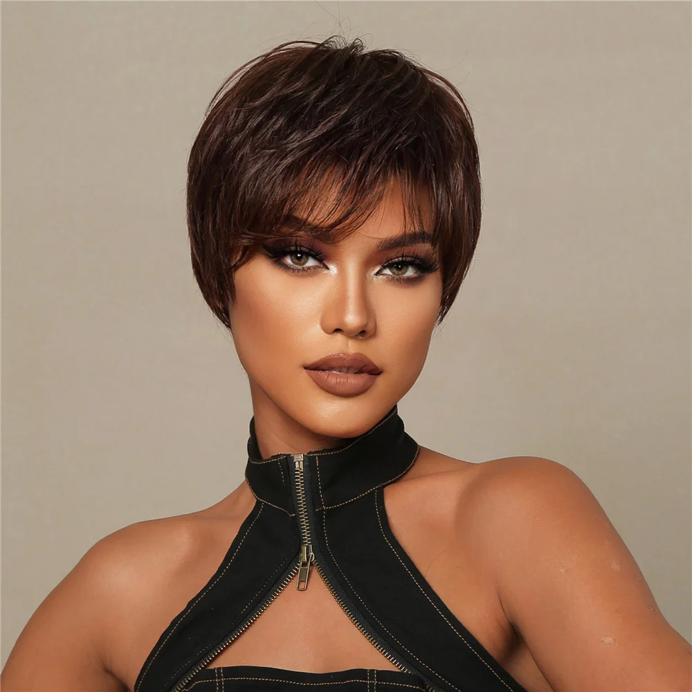 

Short Wavy Pixie Cut Wig Blend Human Hair Synthetic Wigs Natural Black with Fluffy Layered Bang Heat Resistant Women's Wig Daily