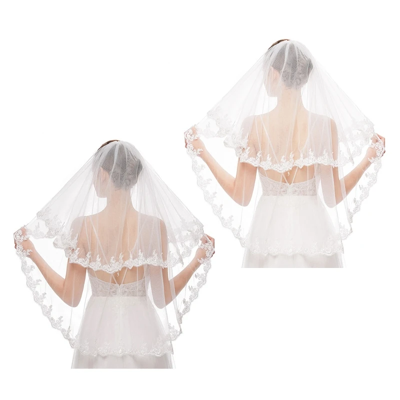 

2-Tier Wedding Veil Elbow Length Elegant Sheer Tulle with Floral Lace Appliques Metal Comb Short Veils for Brides A5KE