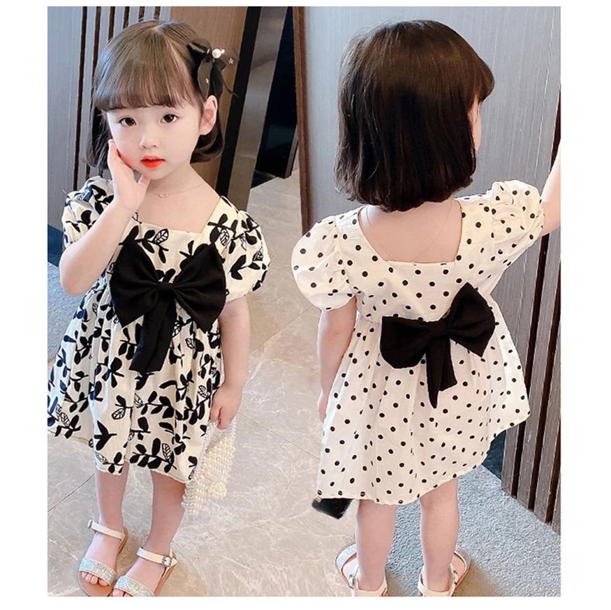 

Summer Short SLeeve Dress For Girl Clothes Bows Polka Dots Kids Dresses Fashion Casual Princess Skirt 2-8Y Children Clothing