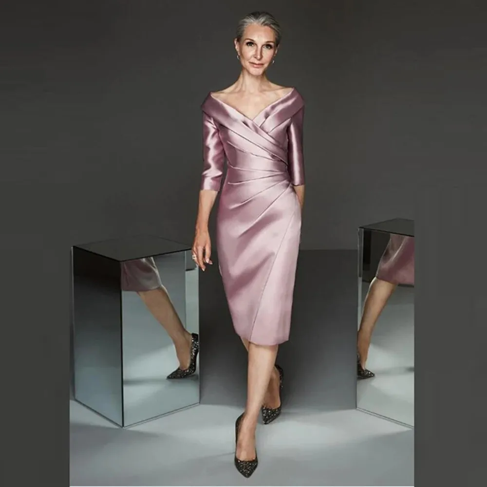 

2022 Simple Modern Sheath Lilac Satin Plunge V Neckline Mother Dress Knee Length Mother of the Groom Gowns Three Quarter Sleeve