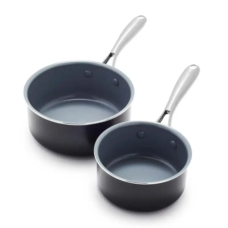 

Healthy Ceramic Nonstick Saucepan Set, 1QT and 2QT without lids, Stainless Steel Handles, Black Silicone for air fryer Roti pan