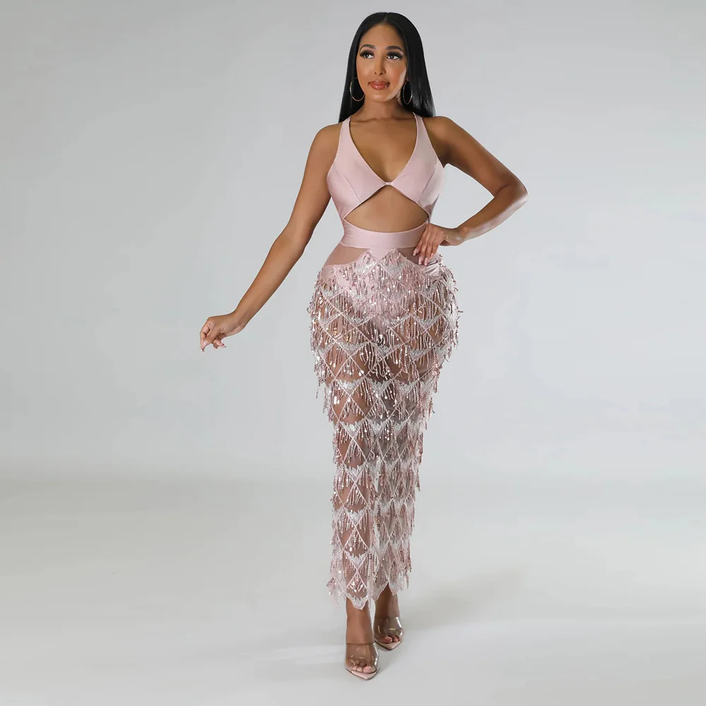 Cutubly Dresses Elegant Party Sexy V-neck Open Back Outfit Fashion Split Fringe Tassel Bead Dress Straps Nightclub Evening 
Cutubly Dresses Elegant Party Sexy V-neck Open Back Outfit Fashion Split Fringe Tassel Bead Dress Straps Nightclub Evening