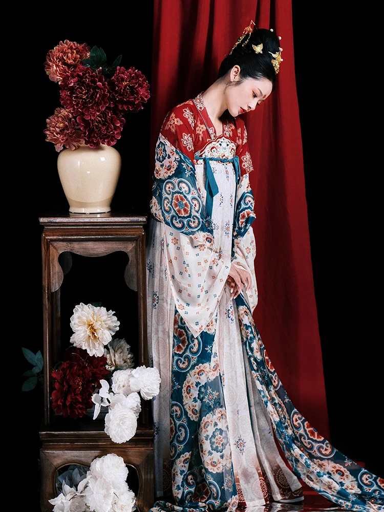 

5 PCS HuaXiangRongYan Tang Dynasty Summer Hanfu Dress Set Original Chest Skirt Red Coat Robe White Shirt Chinese Ancient Costume