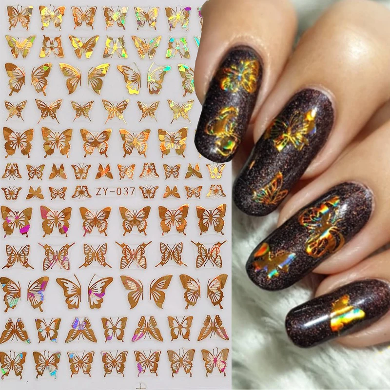 

3D Bronzing Butterfly Nail Stickers Adhesive Sliders Laser Gold Silver Nail Transfer Decals Foils Wraps DIY Nail Art Decoration