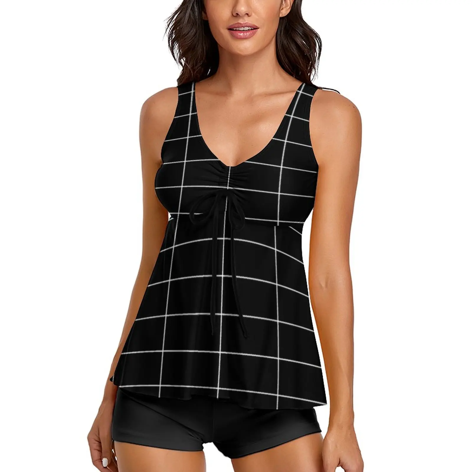 

Vintage Nordic Lines Swimsuit Long Grid Black Tankini Swimwear Two-Piece Graphic Swimsuits Female Sexy Fitness Sweet Beachwear