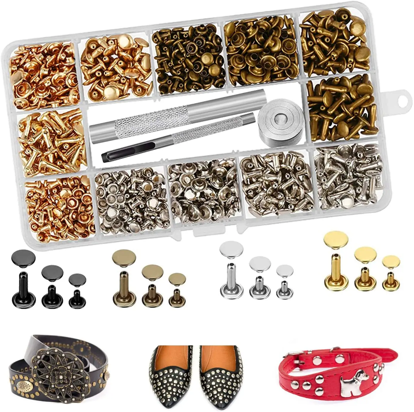 240Sets Leather Rivets Double Cap Rapid Rivet Tubular 4 Colors 3 Size Metal Studs Brass Rivets with Setting Tool for DIY Leather
240Sets Leather Rivets Double Cap Rapid Rivet Tubular 4 Colors 3 Size Metal Studs Brass Rivets with Setting Tool for DIY Leather