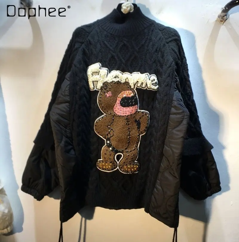 Autumn Winter New Knitted Stitching Long-Sleeved Quilted Pullover Jacket Women Cartoon Diamond Loose Thick Stand Collar Sweater 
Autumn Winter New Knitted Stitching Long-Sleeved Quilted Pullover Jacket Women Cartoon Diamond Loose Thick Stand Collar Sweater