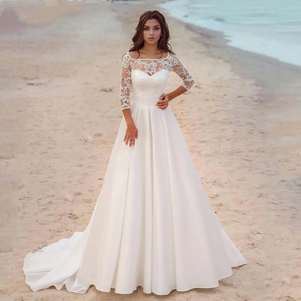 Modest Quarter Sleeves Lace Top Wedding Dresses Beach Satin Pleated Bridal Gowns For Women New 2023 Bride Vestidos De Mariage
Modest Quarter Sleeves Lace Top Wedding Dresses Beach Satin Pleated Bridal Gowns For Women New 2023 Bride Vestidos De Mariage