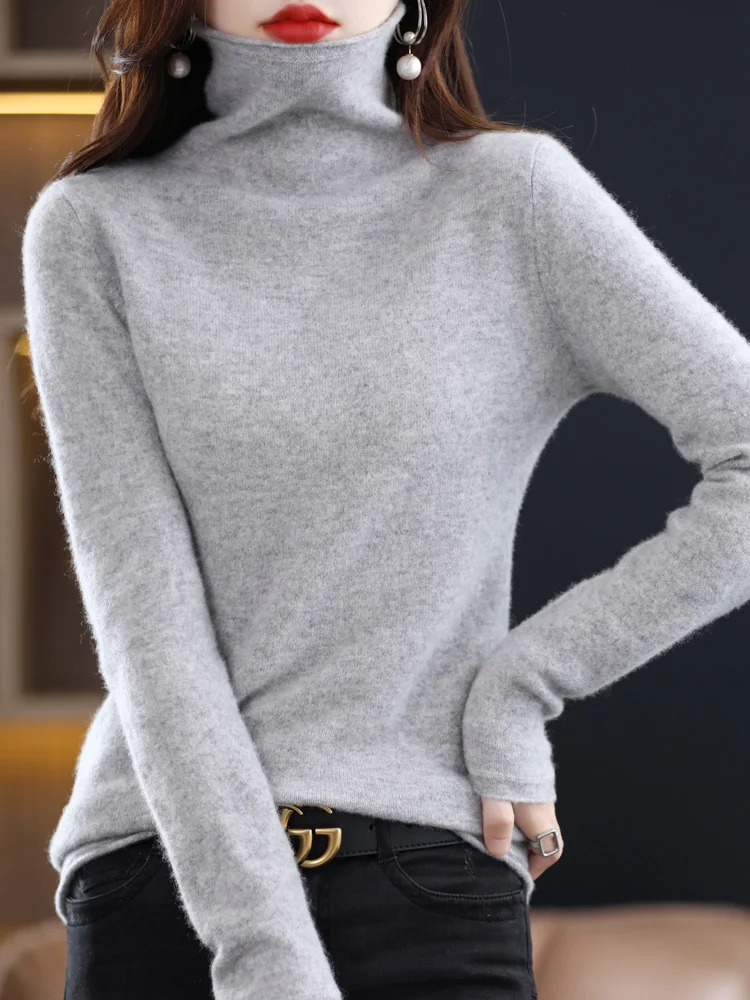 

Осенне-зимний женский свитер с высоким воротником, пуловер из 100% мериносовой шерсти, Базовая рубашка с длинным рукавом, кашемировая новая трикотажная одежда
