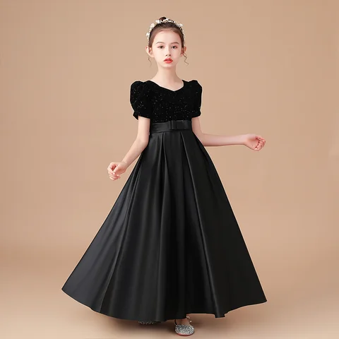 Элегантное высококачественное бархатное атласное черное платье YZYmanualroom, плиссированное платье принцессы для девочек младшего возраста, длинное платье с цветами для девочек