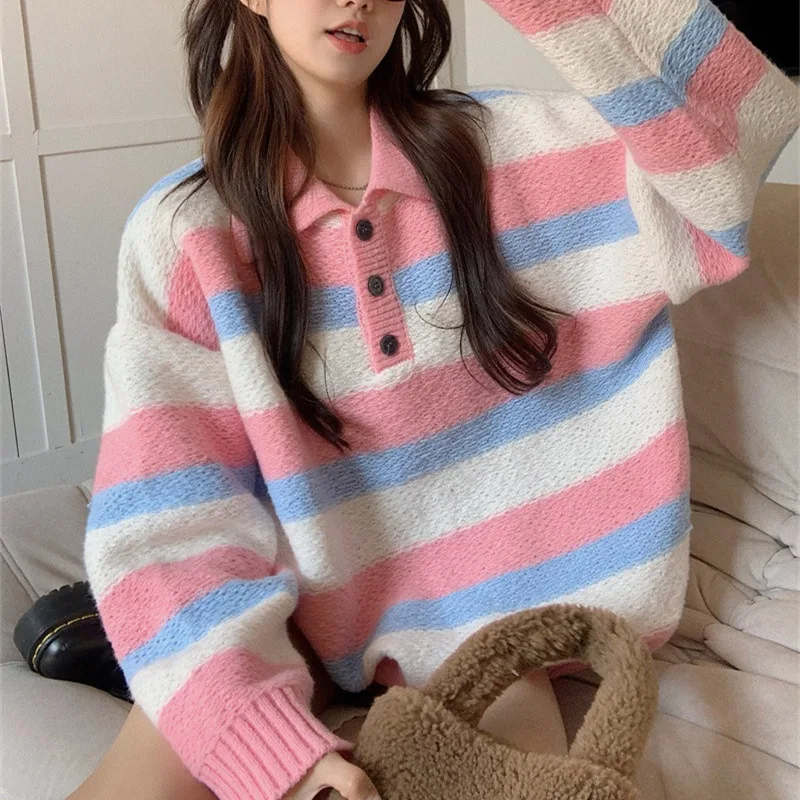 New Soft Glutinous Stripe Polo Neck Sweetened Knitted Sweater Pullover Top Women's Fashion
New Soft Glutinous Stripe Polo Neck Sweetened Knitted Sweater Pullover Top Women's Fashion