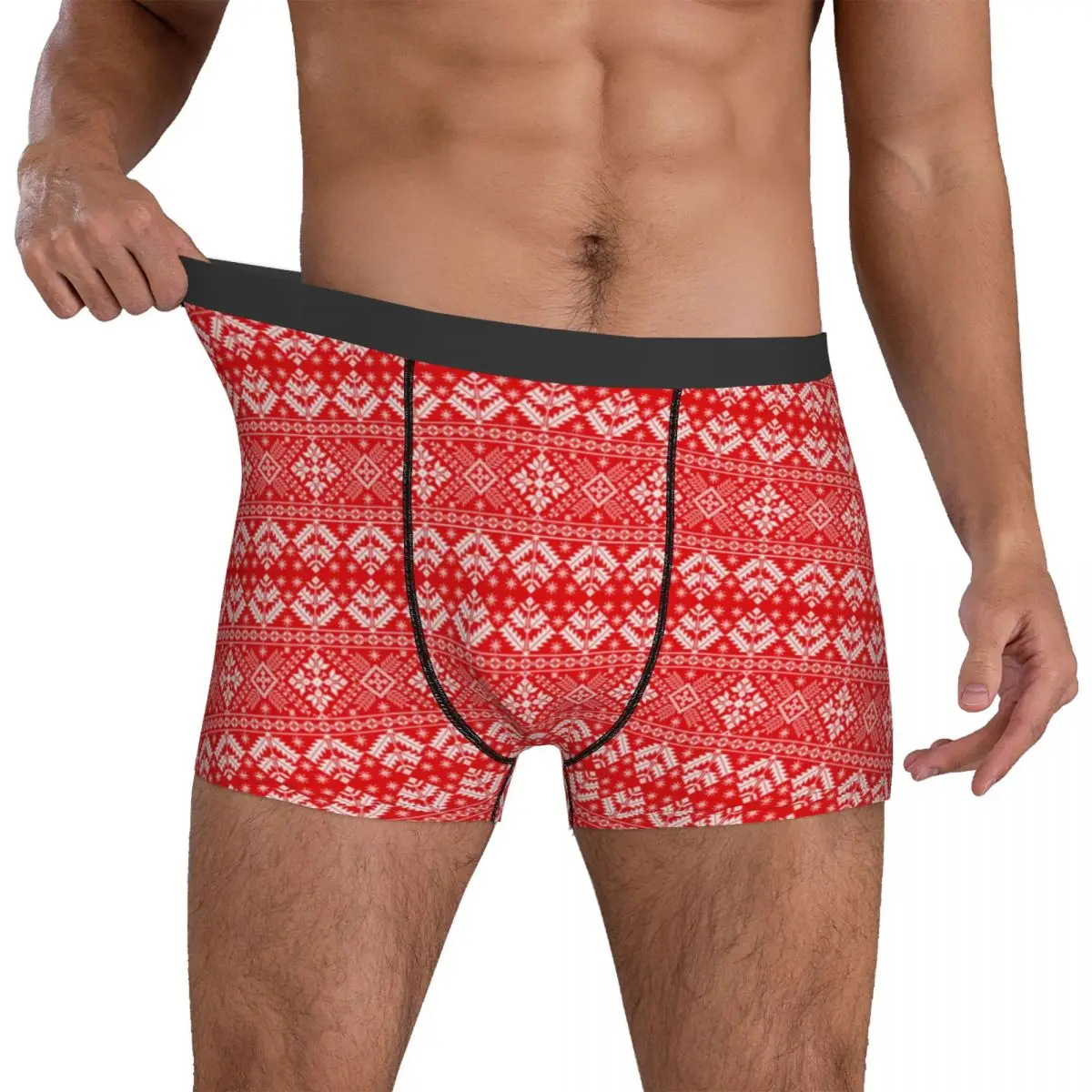 

Retro Nordic Print Underwear Red and White Man Boxer Brief Stretch Boxer Shorts Trenky Sublimation Plus Size Panties