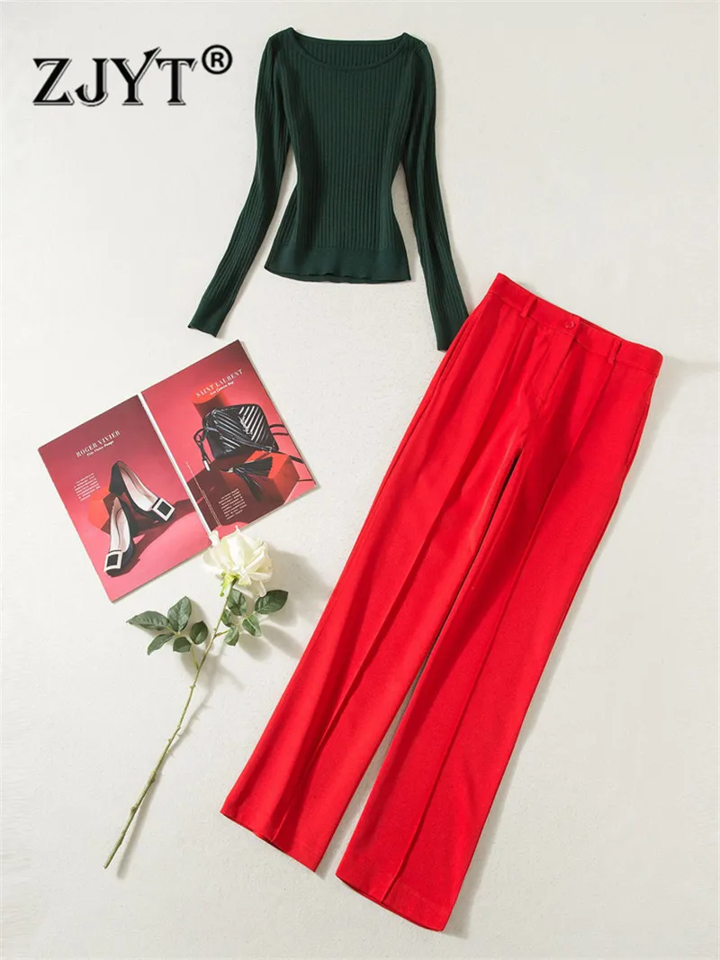 ZJYT Designer Elegant Spring Ladies Office Suit Trousers for Women Outfits Full Sleeve Knitted Top and Pants Set Casual Twinset
ZJYT Designer Elegant Spring Ladies Office Suit Trousers for Women Outfits Full Sleeve Knitted Top and Pants Set Casual Twinset