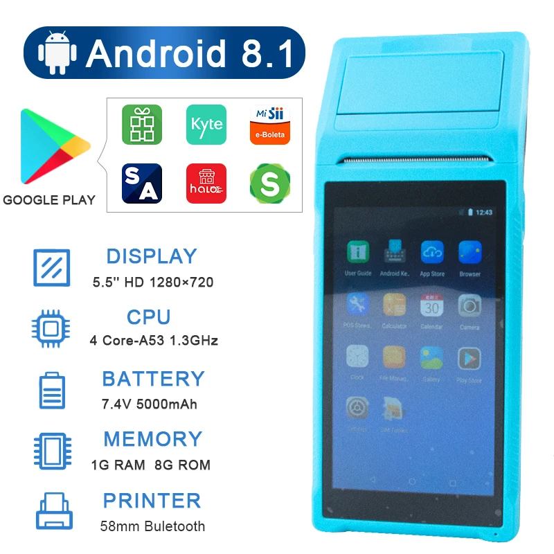 

Новинка 8,1, POS-терминал Android 58 мм, Bluetooth, термопринтер, чековый портативный терминал, портативный КПК, точка продажи, система все в одном