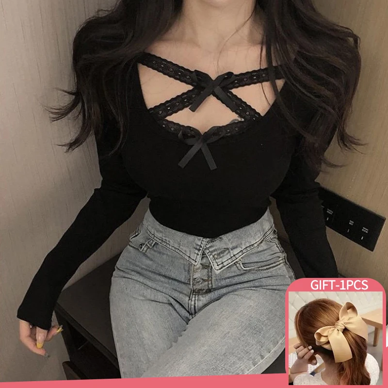 Women Korean Fashion Slim T-shirts Tops Sexy Long Sleeve Bow Ribbon Solid Color Bottoming Top Women's O Neck Lace Cross T Shirt
Women Korean Fashion Slim T-shirts Tops Sexy Long Sleeve Bow Ribbon Solid Color Bottoming Top Women's O Neck Lace Cross T Shirt