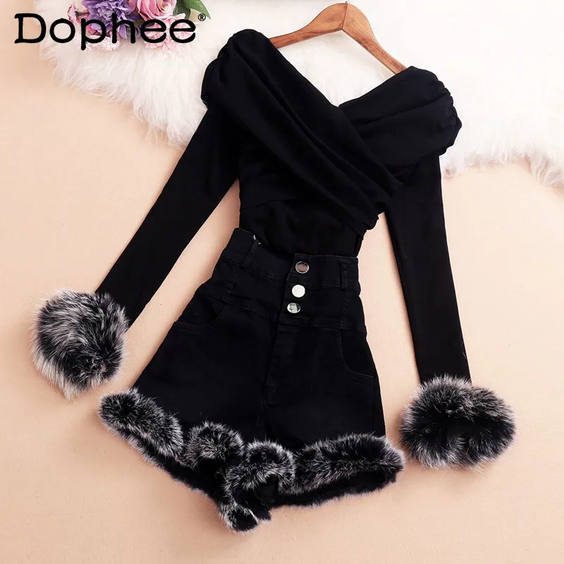 

Sexy Socialite Slimming and Fashionable Suit Cross V-neck Furry Sleeve Top High Waist Furry Shorts Two-Piece Set for Women