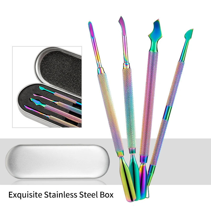 Rainbow Colorful 4Pcs/Box Two Ends Nail Cleaning Gel Remover Stainless Steel Cuticle Pusher Practice Tool Set
Rainbow Colorful 4Pcs/Box Two Ends Nail Cleaning Gel Remover Stainless Steel Cuticle Pusher Practice Tool Set