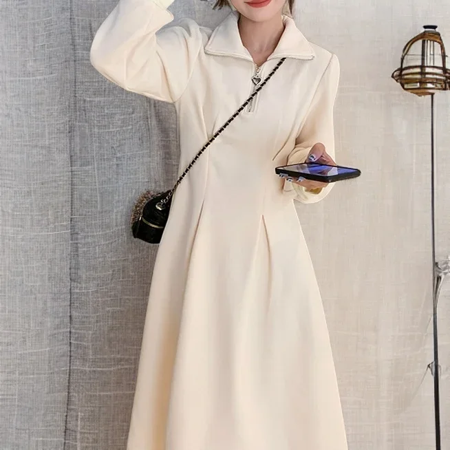 Платье женское с длинным рукавом, нежное Плиссированное однотонное модное простое свободное с высокой талией, на молнии, в винтажном стиле, осень 
Платье женское с длинным рукавом, нежное Плиссированное однотонное модное простое свободное с высокой талией, на молнии, в винтажном стиле, осень