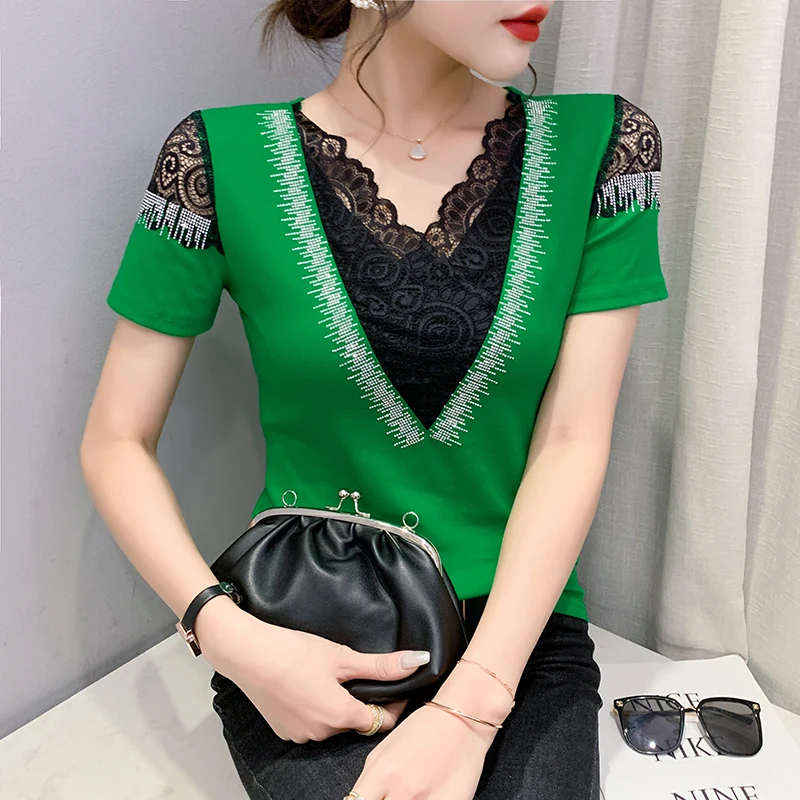 New 2022 Summer Short Sleeved Women's T-Shirt Fashion Sexy V-Neck Hollow Out Lace Tops Elegant Slim Hot Drilling Blusas
New 2022 Summer Short Sleeved Women's T-Shirt Fashion Sexy V-Neck Hollow Out Lace Tops Elegant Slim Hot Drilling Blusas