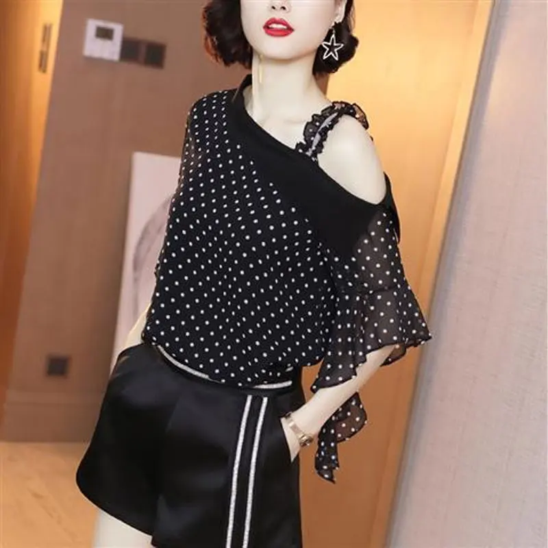 

Summer Polka Dot Skew Collar Blouse Half Sleeve Women's Clothing Sexy Off Shoulder Stylish Shoulder Strap Ruffles Straight Shirt