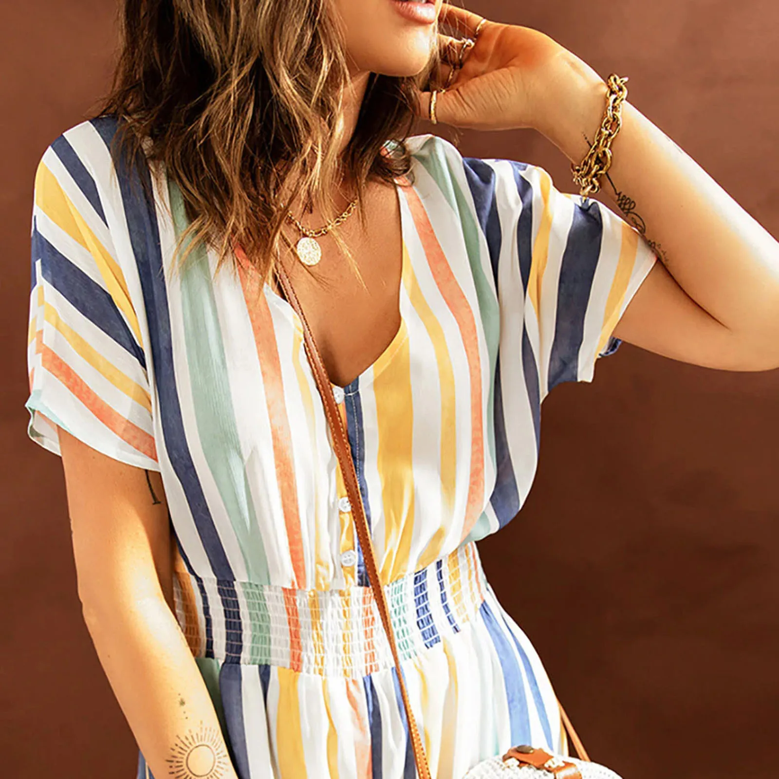Womens Summer Fashion Elastic Waist Striped Print V Neck Button Short Sleeve Jumpsuit Combinaison Femme
Womens Summer Fashion Elastic Waist Striped Print V Neck Button Short Sleeve Jumpsuit Combinaison Femme