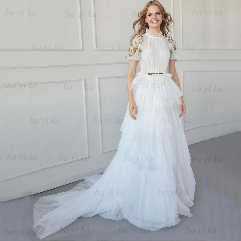 Illusion Tulle Flowers Beading Wedding Dresses Modern Short Sleeve Tiered For Women Bridel Gowns Vestido de novia Robe de mariée
Illusion Tulle Flowers Beading Wedding Dresses Modern Short Sleeve Tiered For Women Bridel Gowns Vestido de novia Robe de mariée
