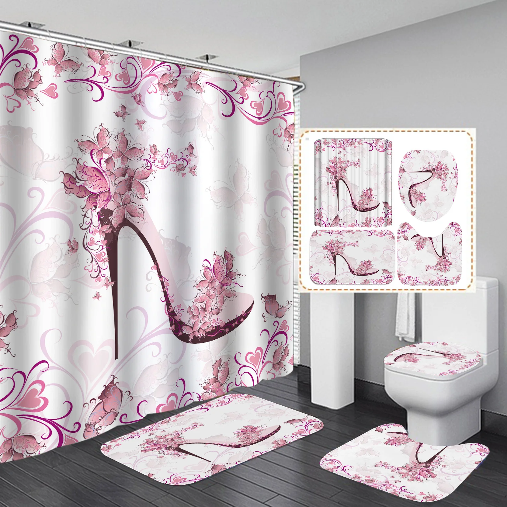 Women High Heel Shower Curtain Waterproof Pink Flowers Bath Mat Toilet Lid Cover Flannel Bathroom Carpet 4 Piece Set
Women High Heel Shower Curtain Waterproof Pink Flowers Bath Mat Toilet Lid Cover Flannel Bathroom Carpet 4 Piece Set