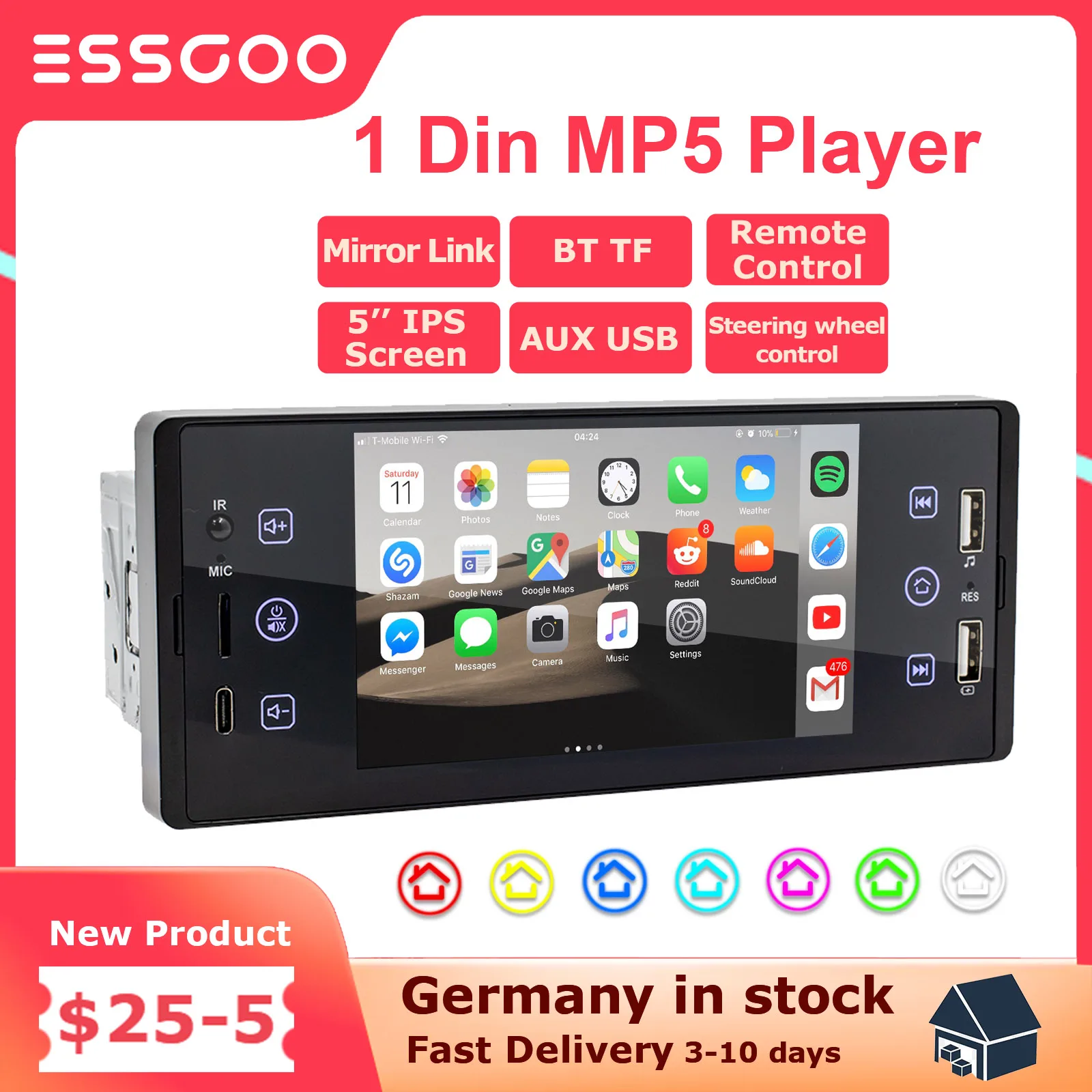 

ESSGOO Car Radio 1Din MP5 Player Autoradio Stereo 5'' IPS Screen Bluetooth Mirrorlink Type C Universal Multimedia Player For Car