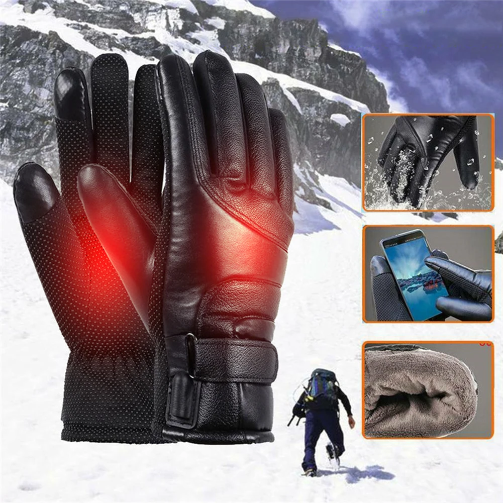 

Термоперчатки с подогревом, ветрозащитные перчатки с подогревом для верховой езды, водонепроницаемые уличные сохраняющие тепло перчатки из искусственной кожи для снегохода, мотоцикла