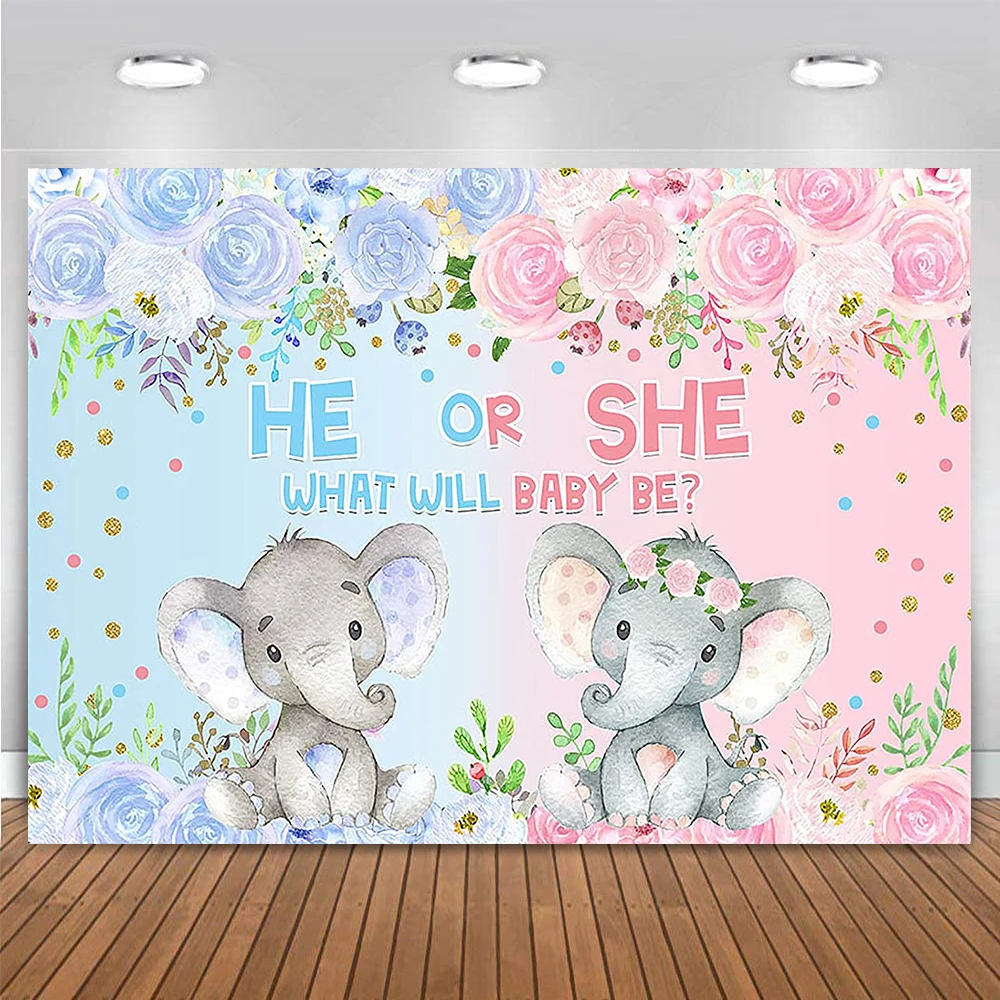 

Elephant Gender Reveal Backdrop Pink or Blue He or She What Will Baby Be Floral Photography Background Baby Shower Party Banner