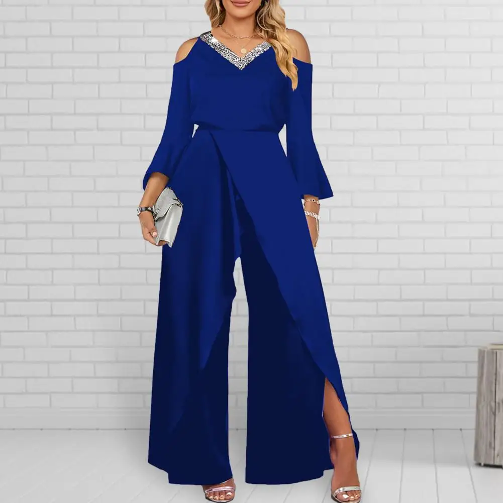 Women V-neck Flared Long Sleeve Jumpsuit Sequins Stitching High Waist Women Jumpsuit Split Romper Office Lady Party Jumpsuit 
Women V-neck Flared Long Sleeve Jumpsuit Sequins Stitching High Waist Women Jumpsuit Split Romper Office Lady Party Jumpsuit