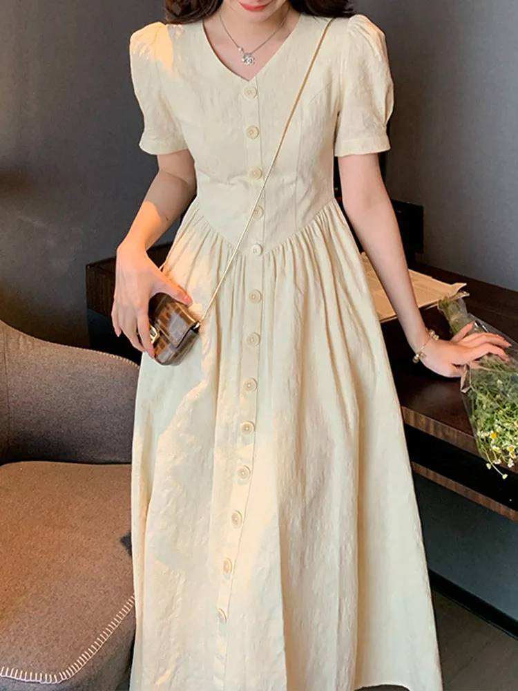 Midi Dresses for Women Short Sleeve Streetwear French Style Dress A Llne Solid Button V Neck 2023 New Spring Summer Dress
Midi Dresses for Women Short Sleeve Streetwear French Style Dress A Llne Solid Button V Neck 2023 New Spring Summer Dress