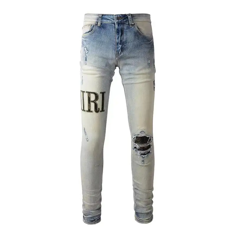 Ripped Stretch Denim Pants Hip Hop Jean Men Vintage Light Blue Leather Patchwork Letter Biker Jean For Motorcycle Slim Skinny
Ripped Stretch Denim Pants Hip Hop Jean Men Vintage Light Blue Leather Patchwork Letter Biker Jean For Motorcycle Slim Skinny