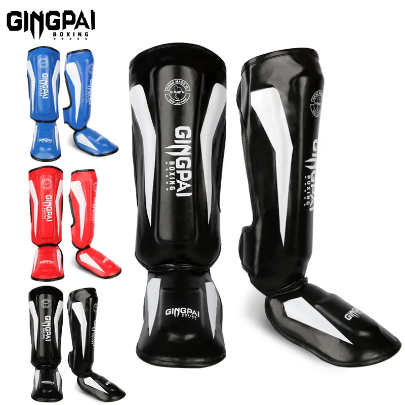 

One Pair High-Quality PU Leather Boxing Shin Guards Ankle Protector MMA Muay Thai Training Leg Warmers Light Kicking Shin Pads