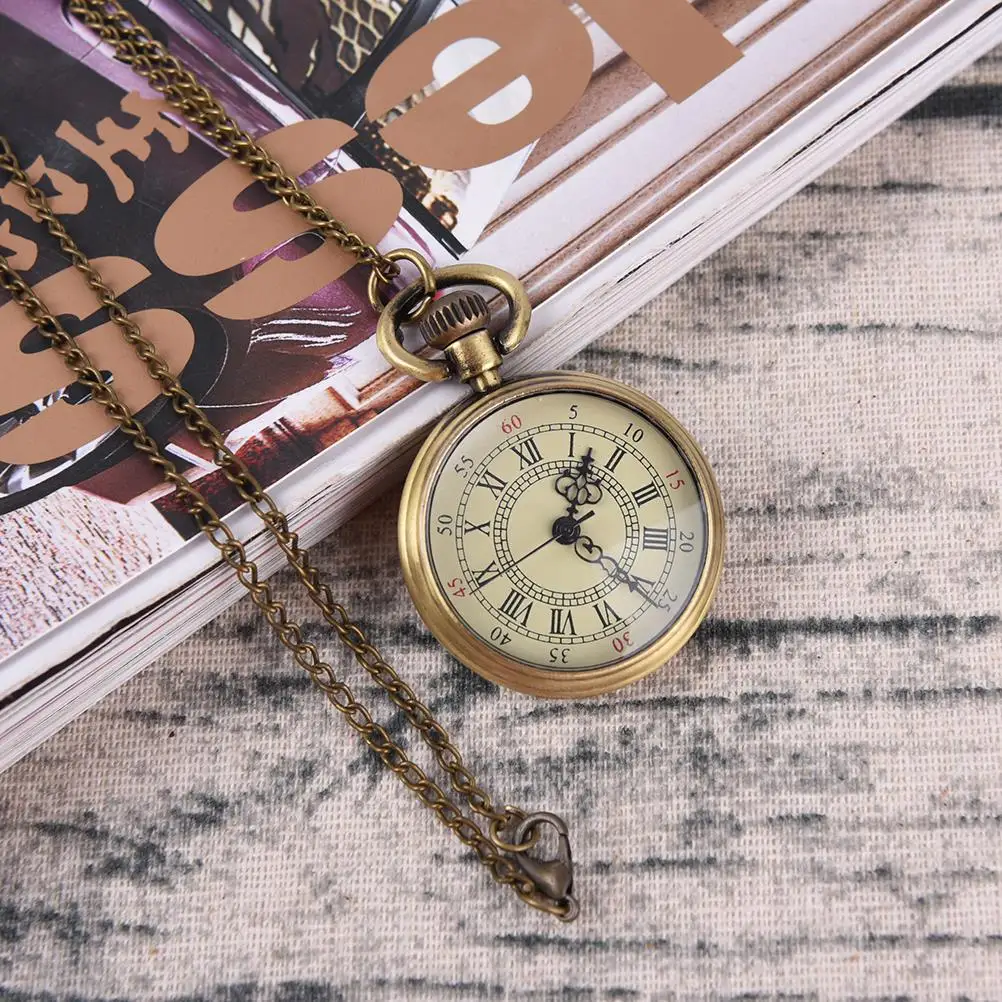 

1PC Simple Vintage Style Steampunk Beige Dial Roman Numbers Small Pocket Watch Necklace Pendant