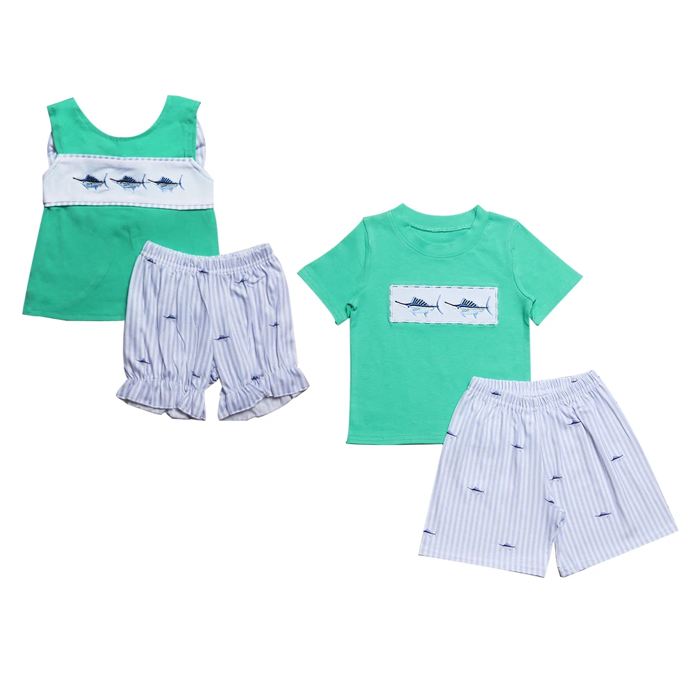 Baby Cotton Short Sleeved Green T-shirt Set Round Neck Fish Embroidery Boy Top Clothes And Blue Strape Shorts Suit Girl Set
Baby Cotton Short Sleeved Green T-shirt Set Round Neck Fish Embroidery Boy Top Clothes And Blue Strape Shorts Suit Girl Set