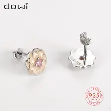 Dowi 925 Pure Silver Jewelry Pink CZ Stone Epoxy Flowers Stud Earrings for Women Elegant Fine Jewels Accessories 2022
