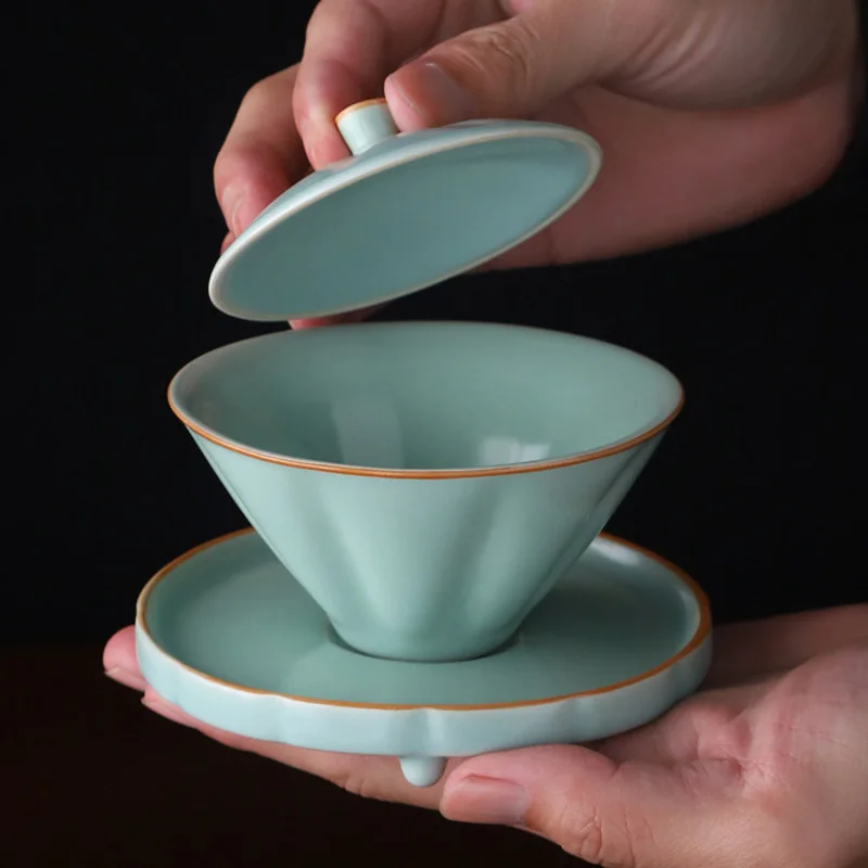 

100ML Japanese Ru Kiln Ceramic Gaiwan Hanmade Cone Tea Tureen With Tray Kung Fu Tea Set Coarse Pottery Tea Maker Bowl Drinkware