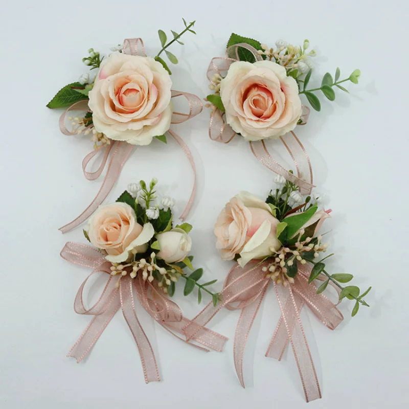 

Blush Pink Rose Boutonniere Flowers Buttonhole Sash Bridesmaid Wedding Accessories Marriage