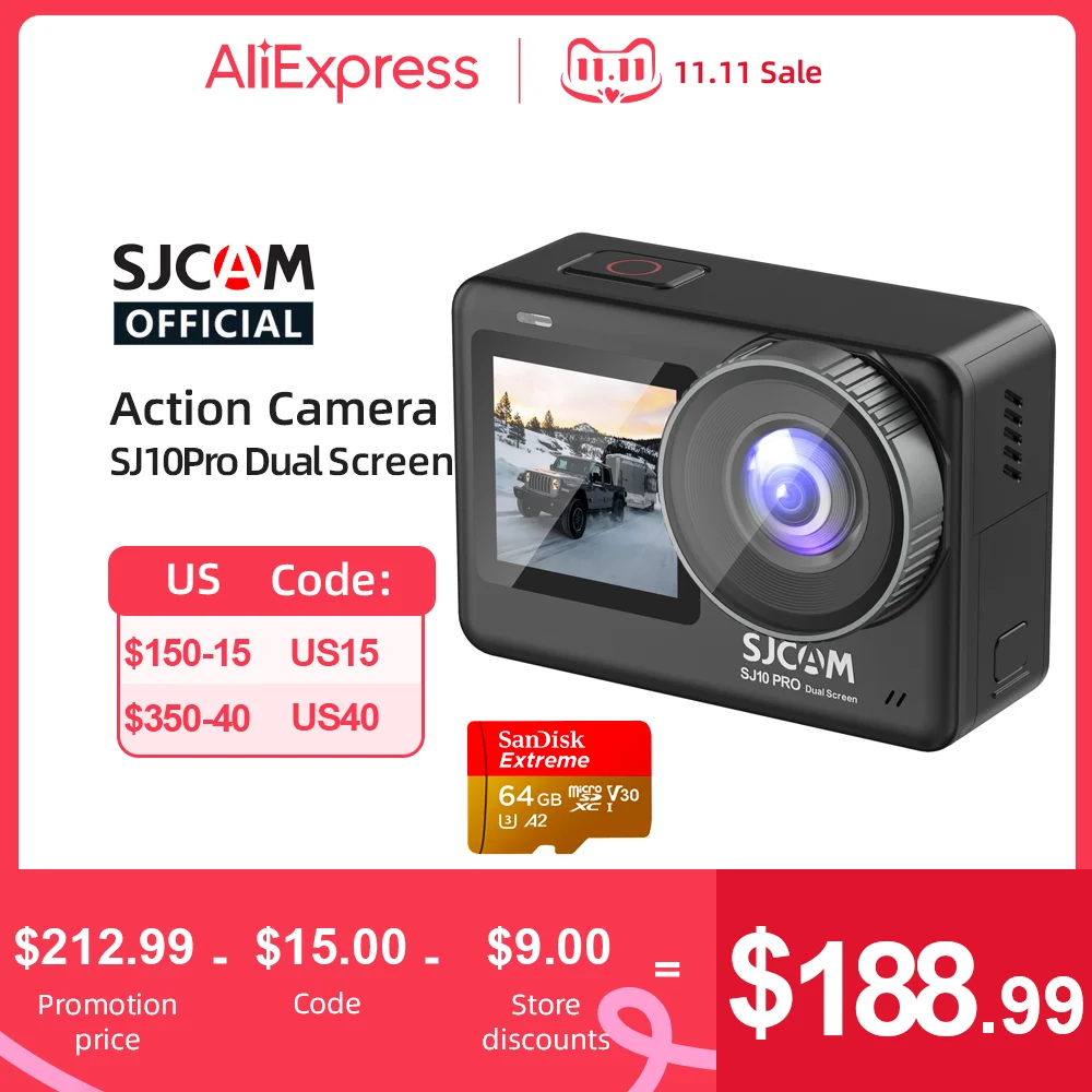

Экшн-камера SJCAM SJ10 Pro, два экрана, 4K, 60 кадров/с, Wi-Fi, гироскоп