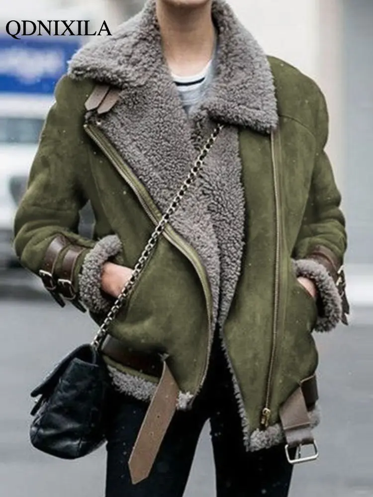 

Осенне-зимнее женское пальто из искусственного меха 2023, топ из овечьей шерсти с лацканами и длинным рукавом, верхняя одежда оверсайз, Толстая теплая хлопковая куртка