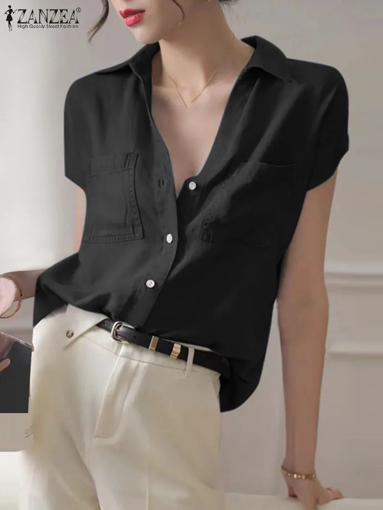 

Блузка ZANZEA женская с отложным воротником, модная однотонная Укороченная рубашка с карманами, в винтажном стиле, повседневная с коротким рукавом, лето 2023